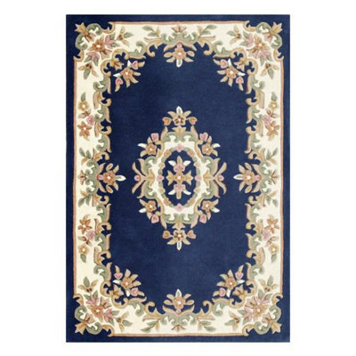 B&Q Blue Royal Traditional Rug, Bordered Floral Rug, Handmade Rug, Royal Rug For Bedroom, & Dining Room-120Cm X 180Cm
