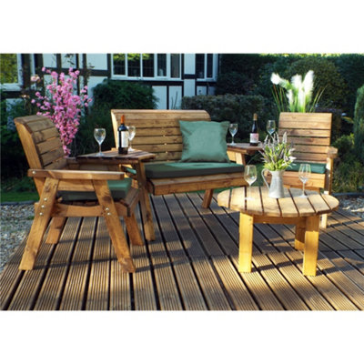 B&Q -  Wooden 4 Seater Round Table Set With 1 X Bench Cushion Green2 X Chair Cushion Green & 1 X Scatter Cushion Green