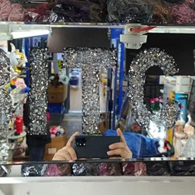 B&Q -  Silver Mirror Diamond Crush B-I-T-C-H Sign Glitz Sparkle Wall Plaque Wall Art 60X20Cm