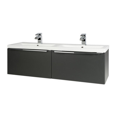 Clifton 1200mm Bathroom Wall Mounted Drawer Unit And Twin Ceramic BasinMatt Dark Grey (Central)Brassware Not Included from B&Q