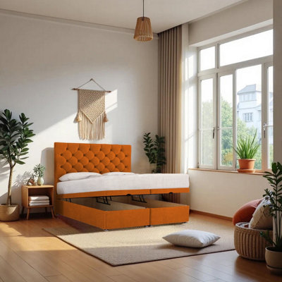 B&Q -  End Opening Ottoman Bed Mustard Plush 4Ft6  With Mattress & 24"headboardDouble