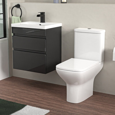 Nes Home 500mm Wall Hung Vanity Drawers Handless Anthracite With Basin & Toilet from B&Q