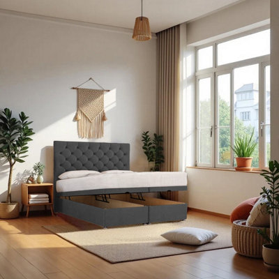 B&Q -  End Opening Ottoman Bed Charcoal Plush 4Ft  With Mattress & 24"headboardSmall Double