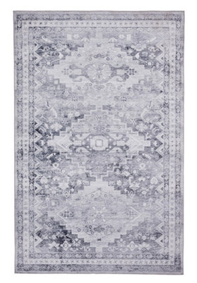 Grey Traditional Rug2mm Thick Bordered Geometric RugGrey Persian Rug For Bedroom& Dining Room-120Cm X 170Cm from B&Q