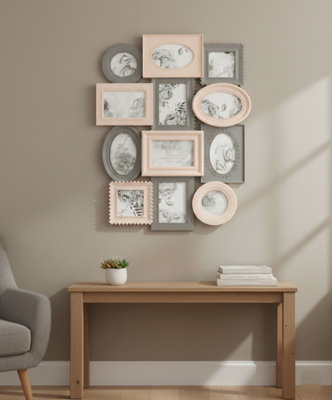 Biznest Multi Aperture Photo Frame 12Pc 8X 6X4 And 4X 4X4 Inch Photo Frames Collage Picture Wall Mounted Frame Pink & Grey from B&Q
