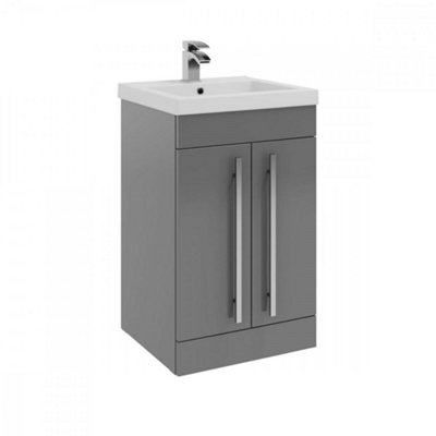 Clifton Bathroom 2-Door Floor Standing Vanity Unit With Mid Depth Ceramic Basin 500mm WideStorm Grey Gloss Brassware Not Included from B&Q