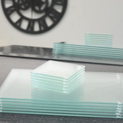 Biznest Square Clear Glass 10Cm Coasters 20X30Cm Placemats Dining Table Mats Kitchen Heavy Duty (6X Coasters & 6X Placemats) from B&Q