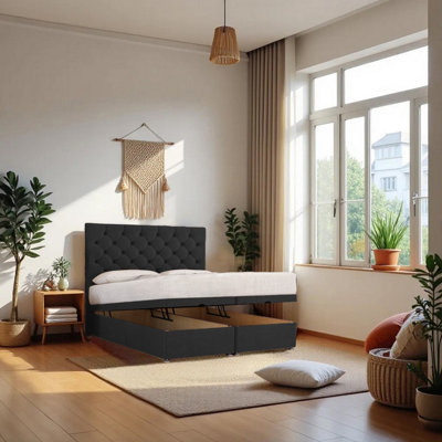 B&Q -  End Opening Ottoman Bed Black Plush 5Ft  With Mattress & 24"headboardKing