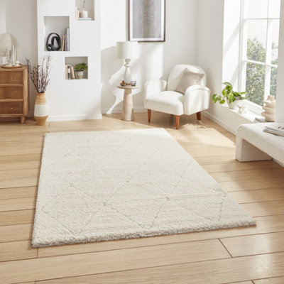Cream White Geometric 30mm Thick Shaggy RugStain-Resistant Modern Rug For BedroomLivingDining Room-160Cm X 230Cm from B&Q