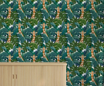 B&Q -  Eco-Friendly Green Tropical Giraffe Wallpaper