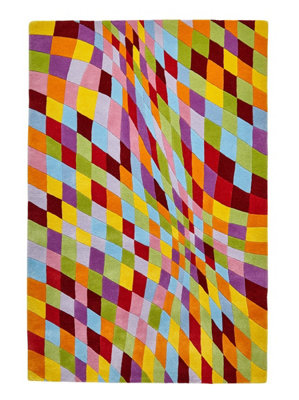 Multi Wool RugChequered Geometric Optical/ (3D) RugHandmade Modern Funky Luxurious Rug For Diningroom-120Cm X 170Cm from B&Q