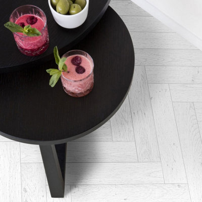 B&Q Herringbone Wood Effect Vinyl Flooring For Livingroom, Kitchen, 2Mm Textile Backing Vinyl Sheet -5M(16'4") X 2M(6'6")-10M² White