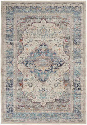 Ivory Blue RugStain-Resistant Bordered Floral RugTraditional Luxurious Rug For Bedroom& Dining Room-239Cm X 300Cm from B&Q