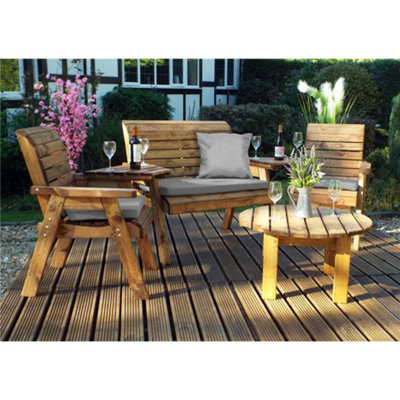B&Q -  Wooden 4 Seater Round Table Set With 1 X Bench Cushion Grey2 X Chair Cushion Grey & 1 X Scatter Cushion Grey