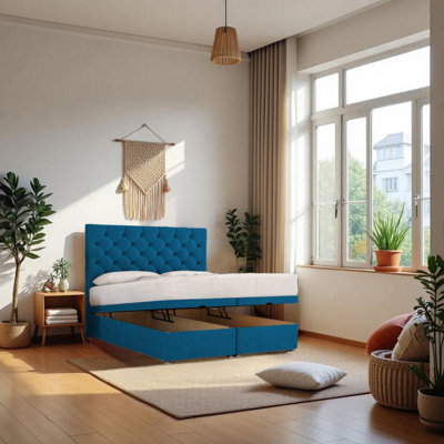 B&Q -  End Opening Ottoman Bed Navy Plush 4Ft  With Mattress & 24"headboardSmall Double