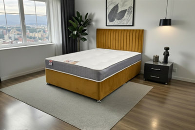 Knight Sleep Emily Mustard Plush 4Ft6 Bed Set With Orthopaedic MattressNo Drawers & 24"headboardDouble from B&Q