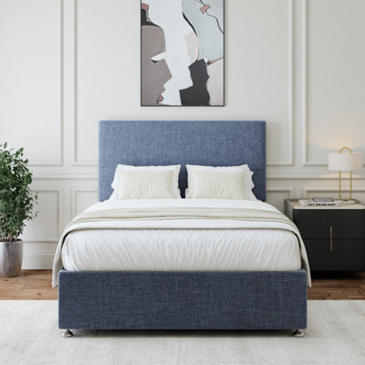 B&Q -  Midnight Blue Linen 4 Drawer Divan Base And Plain Headboard Small Double