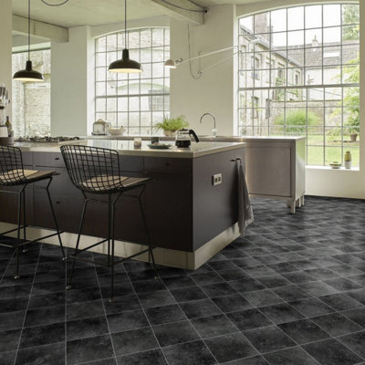  - Black Tile Effect Vinyl Flooring For LivingroomKitchen2mm Thick Cushion Backed Vinyl Sheet -6M(19'8") X 2M(6'6")-12M²