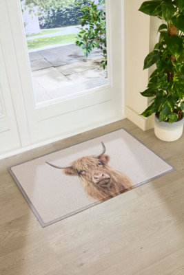 Artsy Doormats Neutral Watercolour Highland Cow Doormat (90 X 60Cm) from B&Q
