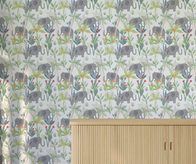 Bobbi Beck Eco-Friendly Multicolour Cute Elephant Wallpaper from B&Q