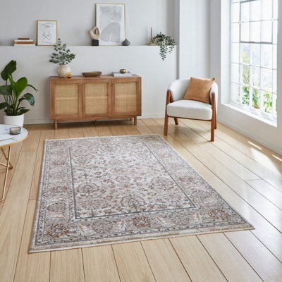 Beige Traditional Bordered Floral 10mm Thick Stain-Resistant Rug For BedroomLiving Room& Dining Room-160Cm X 230Cm from B&Q