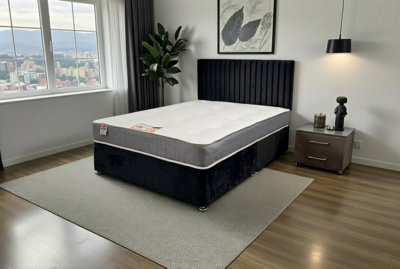 Knight Sleep Black Emily Plush Bed Set With Orthopaedic Mattress, No Drawers & 24"Headboard - Single 3Ft