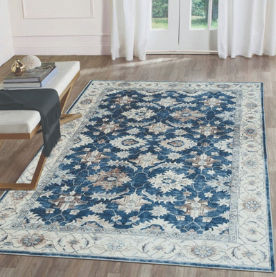  - Blue Bordered Floral Rug For Bedroom& Living Room7mm Thick Stain-Resistant Traditional Rug160Cm X 230Cm