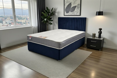Knight Sleep Emily Navy Plush Bed Set With Orthopaedic Mattress, No Drawers & 24"Headboard - King 5Ft