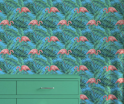 B&Q -  Eco-Friendly Blue Tropical Flamingo Wallpaper