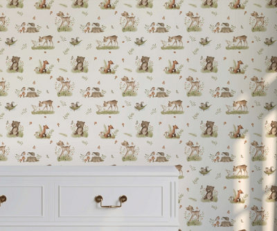 Bobbi Beck Eco-Friendly Beige Childrens Woodland Animal Wallpaper from B&Q