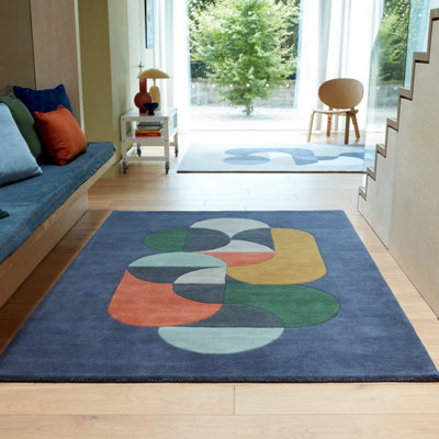 Blue Handmade Modern Abstract Geometric Wool 12-14mm Thick Stain-Resistant Rug For Bedroom& Dining Room-200Cm X 300Cm from B&Q