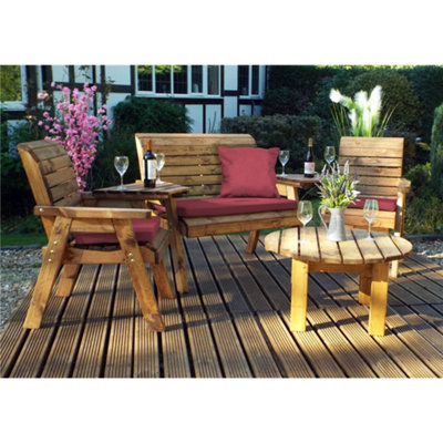 B&Q -  Wooden 4 Seater Round Table Set With 1 X Bench Cushion Burgundy2 X Chair Cushion Burgundy & 1 X Scatter Cushion Burgundy