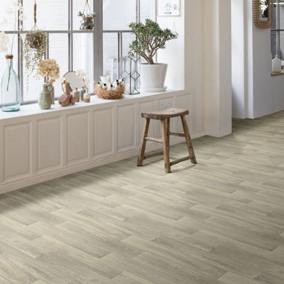 - Beige Wood Effect Anti-Slip Vinyl Flooring For LivingroomKitchen2.0mm Cushion Backed Vinyl Sheet -6M(19'8") X 2M(6'6")-12M²