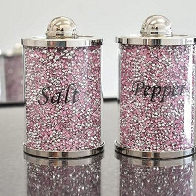 Biznest Pink Diamond Crushed Salt & Pepper Canisters Jars Storage Pink & Silver Crystal Display Gift Present from B&Q