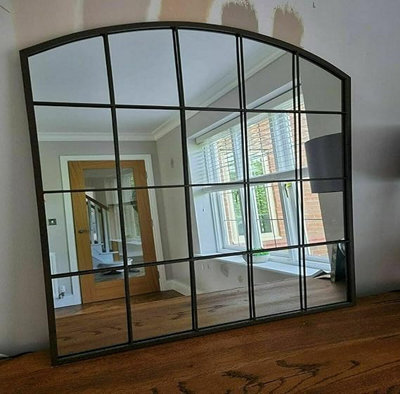 Biznest Large Rectangle Arch Window Mirror Durable Metal Frame Indoor Outdoor Wall Mounted Window Style Metal Home 76X90Cm (Black) from B&Q