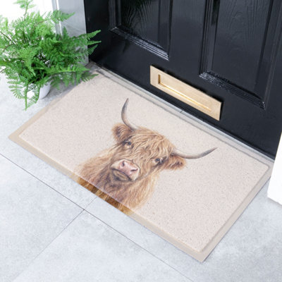 Artsy Doormats Neutral Watercolour Highland Cow Doormat (70 X 40Cm) from B&Q