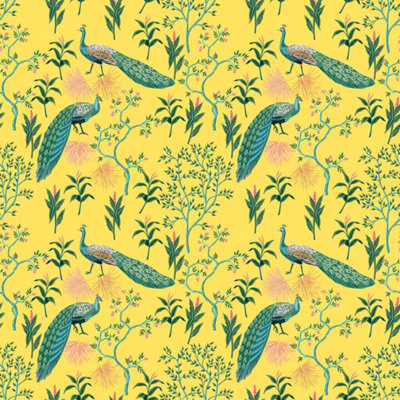 B&Q -  Eco-Friendly Yellow Colourful Peacock Wallpaper