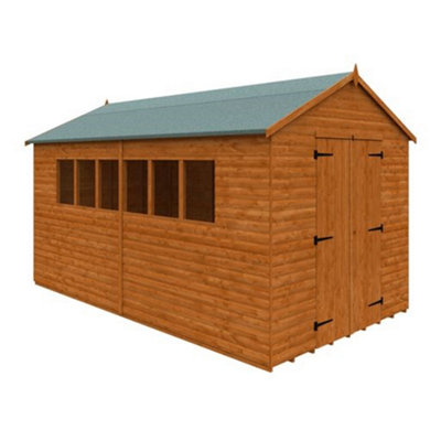 Horsforth 14X8 (4.27M X 2.44M) Wooden Log Lap Apex Workshop With 12mm T&g Floor & Roof & 6 Windows - Double Doors(14Ft X 8Ft) (14X8)