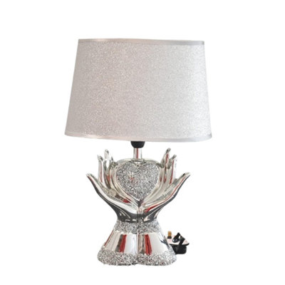 Biznest Silver Glitter Crushed Diamond Table With Lamp Shade Heart In Hands from B&Q