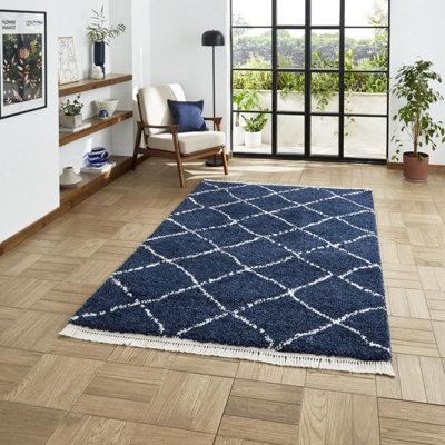 Navy Geometric Shaggy RugStain-Resistant 45mm Thick Modern Rug For BedroomLiving Room& Dining Room-200Cm X 290Cm from B&Q