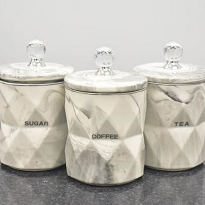 Biznest Grey Marble Design Coffee Tea Sugar Canisters Container Kitchen Jar Pots Crystal from B&Q