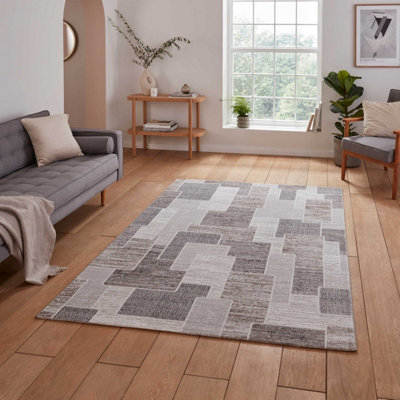 Beige Brown Geometric 8mm Pile Stain-Resistant Rug For BedroomDining RoomEasy To Clean Modern Rug-120Cm X 170Cm from B&Q