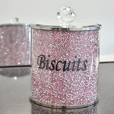 Biznest Pink Diamond Crushed Biscuit Canister Jar Tin Kitchen Storage Pink & Silver Crystal Display Gift Present