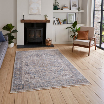 Blue Traditional Abstract Bordered 10mm Thick Stain-Resistant Rug For BedroomLiving Room& Dining Room-160Cm X 230Cm from B&Q