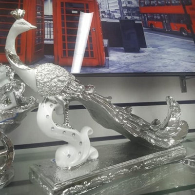 Biznest Italian White Silver Peacock Stand Romany Diamante Gift Ornament Home from B&Q