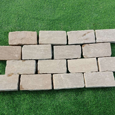 B&Q -  Raj Green Tumbled Sandstone 100X200mm Pack Of 300 Weathered Natural Stone Cobblestones For DrivewaysPatios And Outdoor Edging