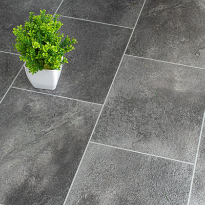  - Lara 8109 Grey Stone Effect Anti-Slip Vinyl Flooring For KitchenBathroomDining Room2.5mm Thick-1M(3'3") X 2M(6'6")-2M²