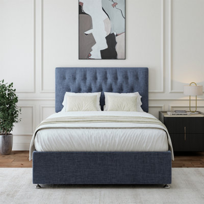B&Q -  Midnight Blue Linen Divan Base And Button Headboard Small Single