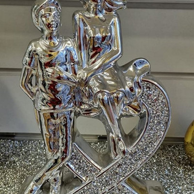 Biznest Crushed Crystal Diamond Romantic Couple Heart Ornament Silver Showpiece Love Gifts