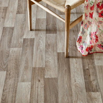  - Dark Beige Wood Effect Vinyl Flooring For LivingroomKitchen2.8mm Thick Cushion Backed Vinyl Sheet-1M(3'3") X 4M(13'1")-4M²